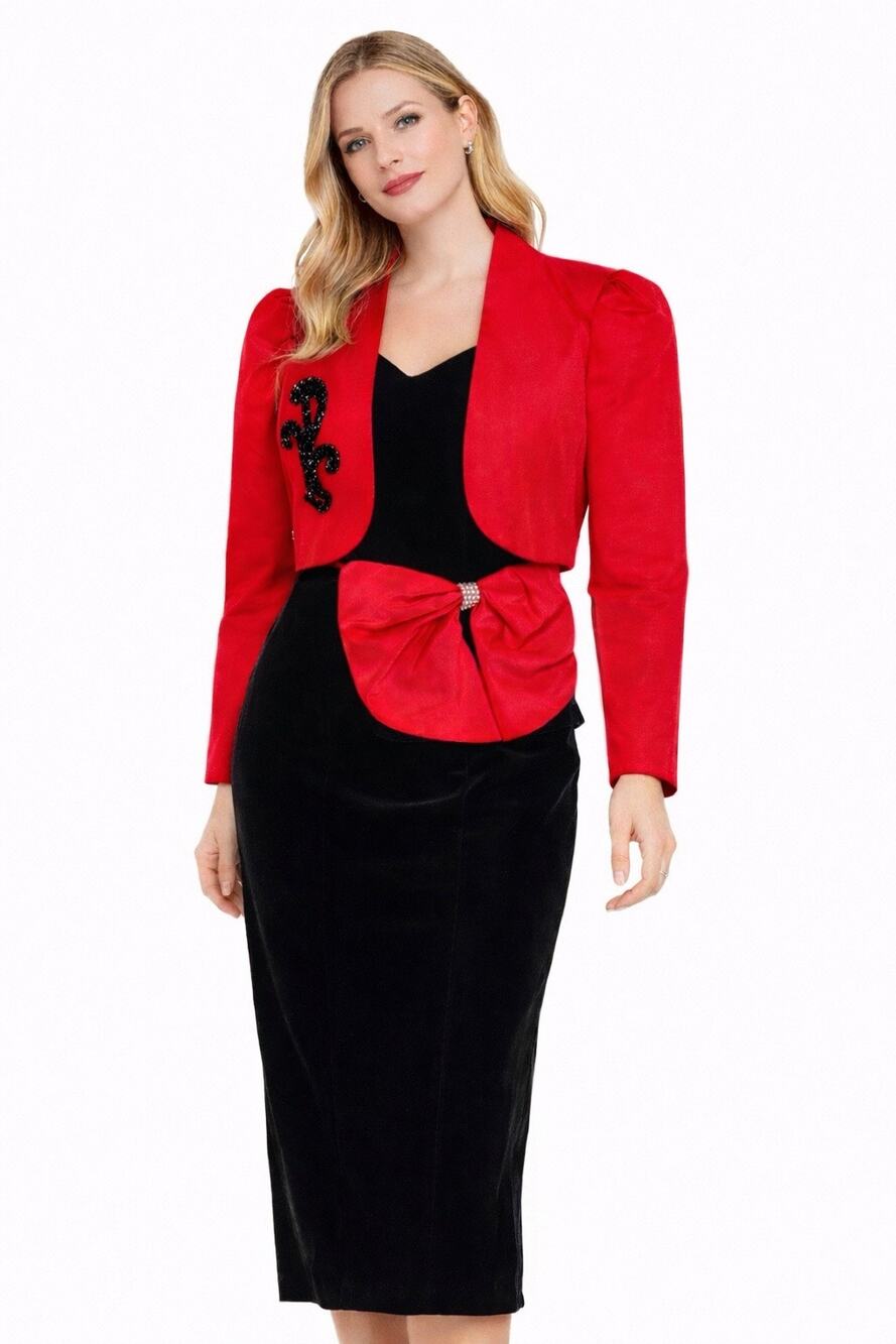 1980s Jitwo’s by Harmon & Co Black Velvet Cocktail Dress w Red Bow XS